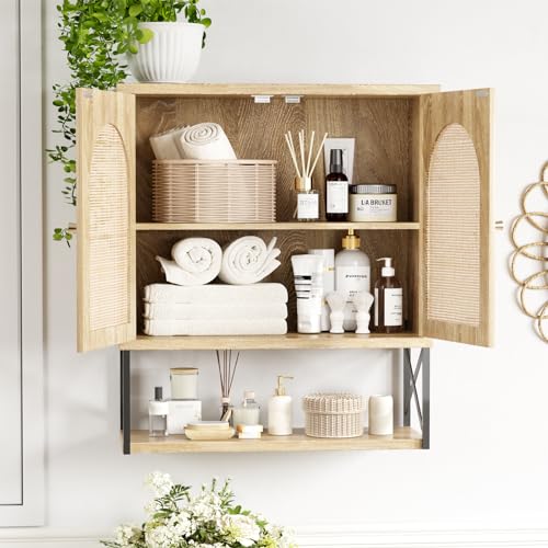 Rattan-Bathroom-Wall-Cabinet-Boho-Medicine-Wall-Cabinet-with-Double-Doors-and-Adjustable-Shelves-Tall-Kitchen-Wall-Mounted-Storage-Cabinet-Floating-Space-Saver-Over-Toilet-Natural Rattan Bathroom Wall Cabinet Boho Medicine Wall Cabinet with Double Doors and Adjustable Shelves Tall Kitchen Wall Mounted Storage Cabinet Floating Space Saver Over Toilet Natural