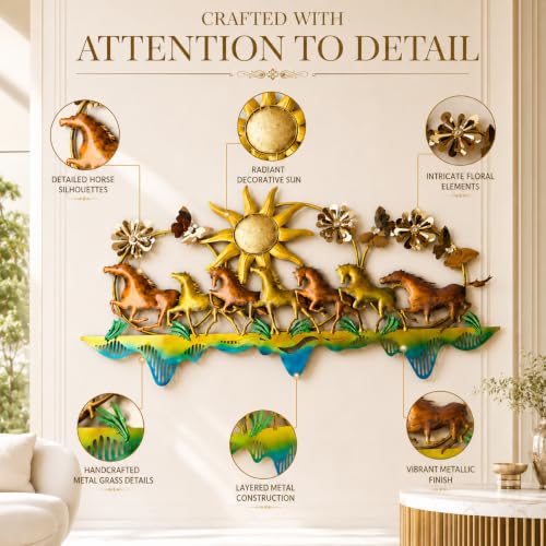 Image of Framing Hub - Large Metal Wall Decorative Multicolor Seven Running Horses with Sunrise Floral Design Wall Hanging Decor for Vastu Living Room (51 x 25 Inch)