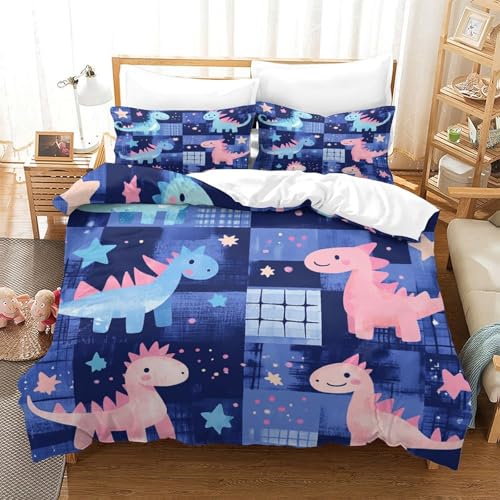 Housse de Couette Dinosaure 135x200cm en Microfibre Résistante pour Lit Enfant