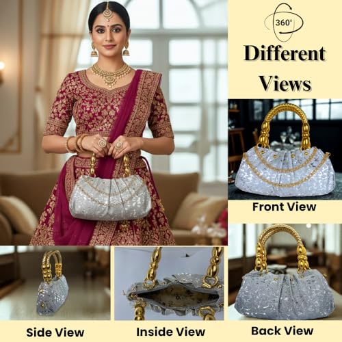 Image of SLARA Bridal Clutch Purse for Women, Elegant Evening Bag with Gold Handle and Chain Strap, Perfect for Weddings & Parties