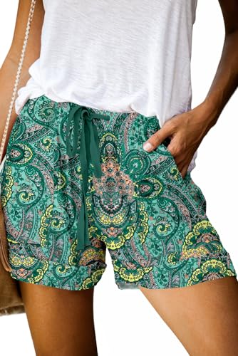 QUEEN PLUS Women Juniors Summer Casual Shorts Fashion Print Comfy Pocketed Drawstring Elastic Waist Pants Teal Paisley XL