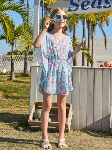 Image of Haloumoning Girls Chiffon Swim Beach Cover Up Kids Cute Elastic Waist Printed Bathing Suit Coverups 5-14 Years