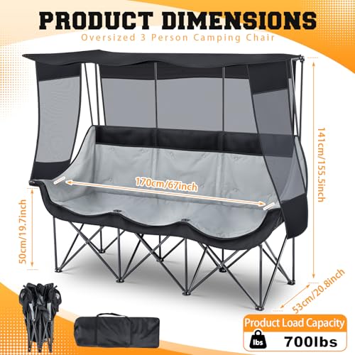 Teenyyou 3 Person Camping Chair with Canopy – Ultimate UV Sun Protection, 700lbs Heavy Duty Oversized Beach Chair, Foldable Portable Sofa with Cup Holder & Storage for Beach Lawn Outdoor(Black) — view 2
