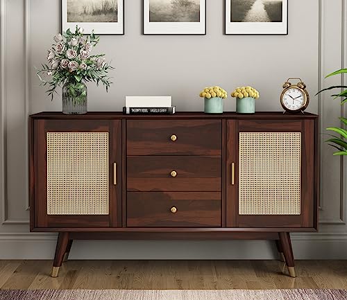 Image of Solid Sheesham Wood Wooden Sideboard Storage Cabinet : Ideal for Living Room and Bedroom with 3 Drawers and 4-Shelf Storage (Iriana, Walnut Finish)