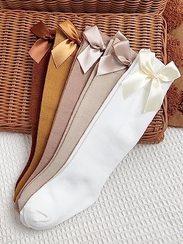 OYOANGLE Girl's 5 Pairs Bow Front Over the Calf Sock Ruffle Trim Knee High Socks Brown Khaki White 11-14Y4