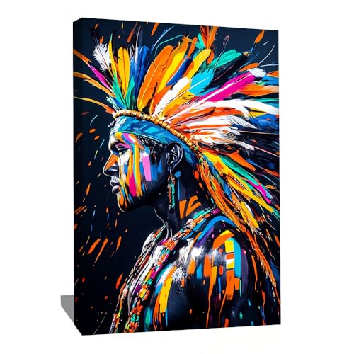 Alessio Cacciatore Tableau Chef Indien - Toile Tribale Moderne - Decoration Murale Indienne - Impression Sur Toile Portrait - Tableau Pop Art Coloré - Deco...