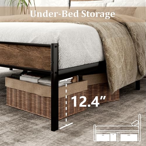 Full-Size Metal Platform Bed Frame with Wooden Headboard and Footboard - Easy Assembly, No Box Spring, Noise-Free, Vintage Brown