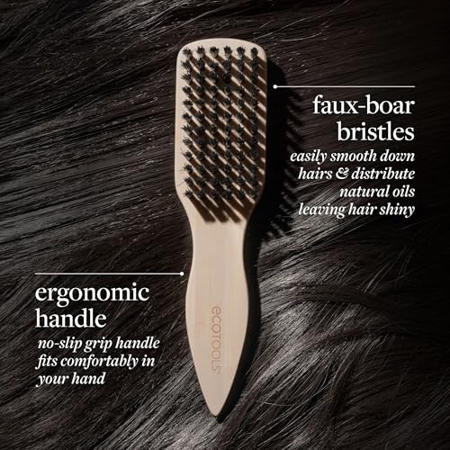 Image of EcoTools Mini Slick Back Hairbrush, Travel Brush, Perfect Ponytail Or Bun, Tease, Smooth & Style Hair, Tame Frizz & Flyaways, Renewable Bamboo Handle & Vegan Boar Bristles, Cruelty-Free, 1 Count
