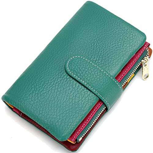 Small Bifold Real Leather Wallet Women Designer Minimalist RFID Blocking Wallet with Removable Card Holder & Coins Pocket (Aqua Green),WL-031
