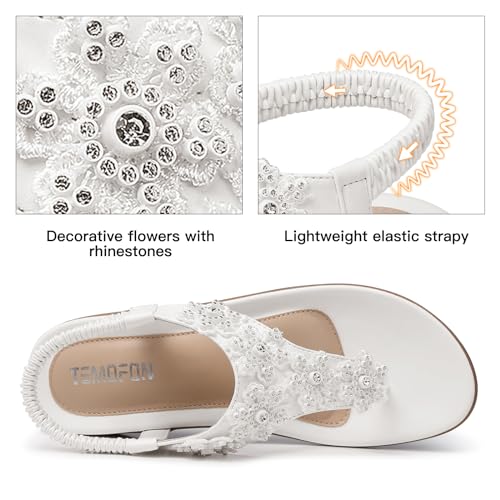 Image of TEMOFON Sandals for Women Flats Dressy Summer Open Toe Sandals Comfortable Casual Woman Footwear Beach Flip Flops White Size 10.5