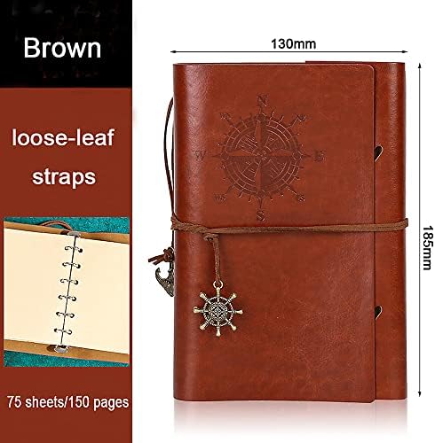 NectaRoy Retro Vintage Denizcilik Defteri Klasik PU Deri Kapak Not Defteri Seyahat Günlüğü Seyahat Dergisi Doldurulabilir Eskiz Defteri Spiral Halka Binder Günlüğü Boş Sayfalar, Astarsız Kağıt, Retro Kolye, Klasik Kabartmalı (130x185 mm, Kahverengi) - Görsel 2