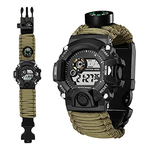 YZOTEK Reloj de pulsera multifunción de supervivencia al aire libre, pulsera deportiva de emergencia, impermeable, herramientas de primeros auxilios con paracord, brújula, termómetro, silbato,