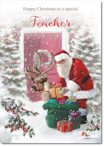 doodlecards Teacher Christmas Card Santa with Parcels Medium Size Christmas Card for Teacher with Plain Envelope