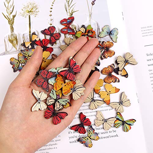 Fingooo 100 Pcs Butterfly Wooden Buttons,1 Inch Colorful 2 Holes Mixed Decorative Buttons For Diy Sewing&Wood Craft Clothes Accessories #TOP1