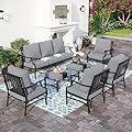 SUNSHINE VALLEY 7 Piece Metal Outdoor Patio Furniture Set, Patio Conversation Sets 1 3-seater Sofa, 4 Fixed Chair, 2 Ottomans with 5.75" Thick Cushion, Black All-weather Frame Backyard Furniture, Gray