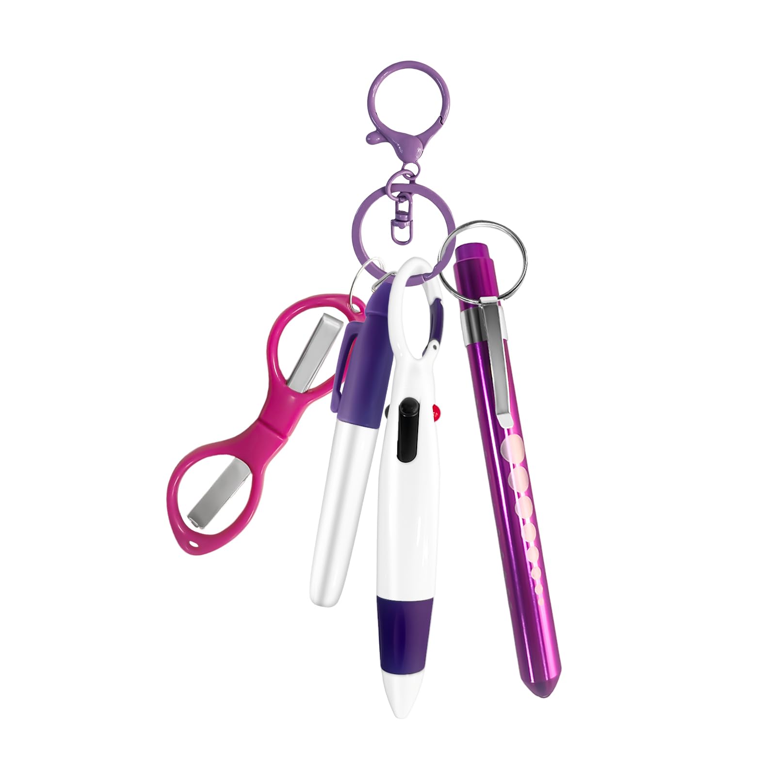 Sgphrzlt 5PCS Nurse Pen Set, Badge Reel Accessories Include Permanent Markers Retractable Ballpoint Pen Foldable Scissors Keychain Flashlight Clip for Work Healthcare Appreciation Gift (Purple)