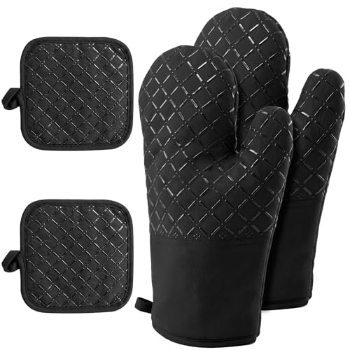 Ofenhandschuhe und hitzebeständige Unterlage,Topflappen und Kochhandschuhe im 4-teiligen Set,hitzebeständig bis 250°C für Kochen,Backen und Grillen