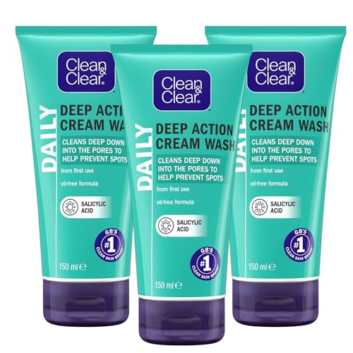 Clean & Clear Deep Action Cream Wash, Oil-Free Formula with Salicylic Acid, Pack of 3 x 150ml
