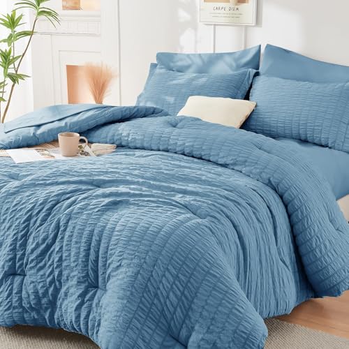 Image of HYMOKEGE Mineral Blue King Size Comforter Set Seersucker 7 Pieces, All Season Luxury Bed in a Bag for Bedroom, Bedding Set with Comforter, Sheets, Pillowcases & Shams