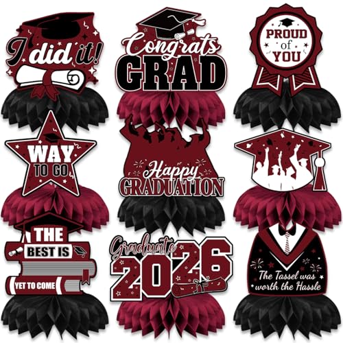 Image of Graduation Table Decorations, Red Black Honeycomb Centerpiece Glitter Graduation Centerpieces for Tables Congrats Grad Table Toppers Congratulate for Class of 2026 Grad Party Supplies, 9Pcs