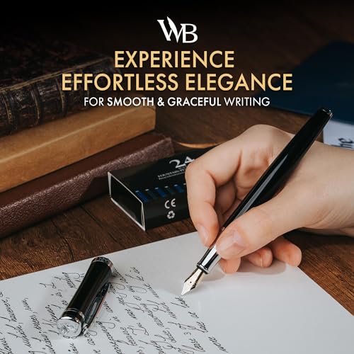 Image of Wordsworth & Black Luxury Fountain Pen Set for Writing, Fine Nib, Black | Gift for Men & Women, Brass Body, German Iridium, Calligraphy, Converter + 24 Ink Cartridges, Refillable, Leak-Free
