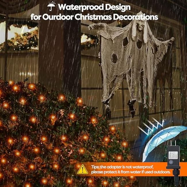 WBao Halloween Lights Outdoor 200LED 8.4ft x 5.2ft Orange Net Lights with 8 Modes, Timer, UL Certified, Connectable, Waterproof & Dark Green Wire for Lawn, Bushes, Trees, Outdoor Halloween Decorations