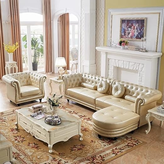 Image of Solid Wood Velvet Fabric L Shape Sofa Sofa for Living Room Button Tufted Sofa Chair for Home & Office (Left Aligned L-Shaped (Beige2)