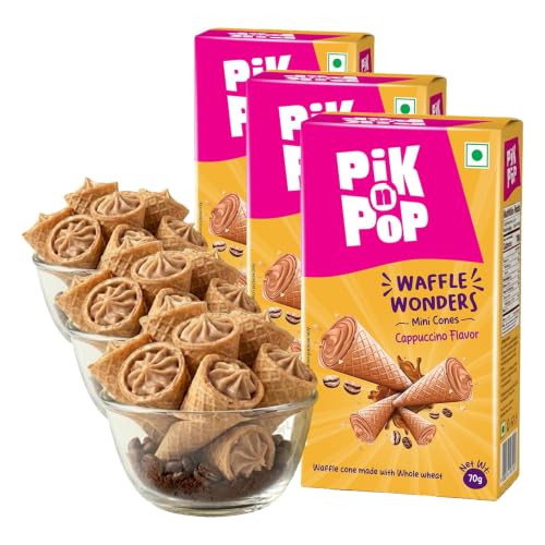 Image of Pik n Pop Cappuccino Mini Waffle Cones 70g, Crispy Cones with Creamy Cappuccino Filling, Whole Wheat, Non-Meltable Ready-to-Eat Snack, 100% Eggless (Pack of 3)