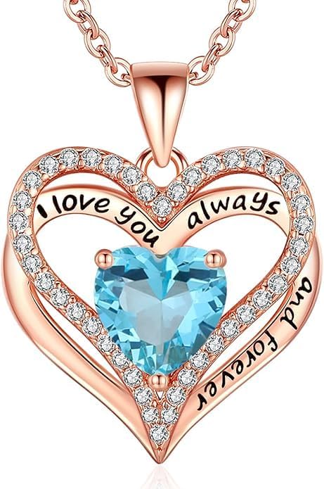 Birthstone Heart Necklace for Women, S925 Sterling Silver Rose Gold Pendant, Jewelry Gift for Wife, Girlfriend, Mom, Daughter, Anniversary Birthday Valentine’s Day