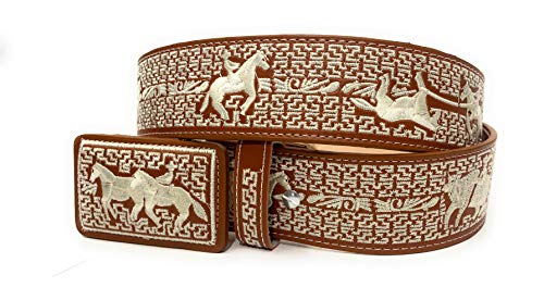 Men's Western Embroiderer Cowboy Rodeo Belt, Cinto Charro Bordado Cinto Suertes Charras Vaquero Plateado (38, Natural)