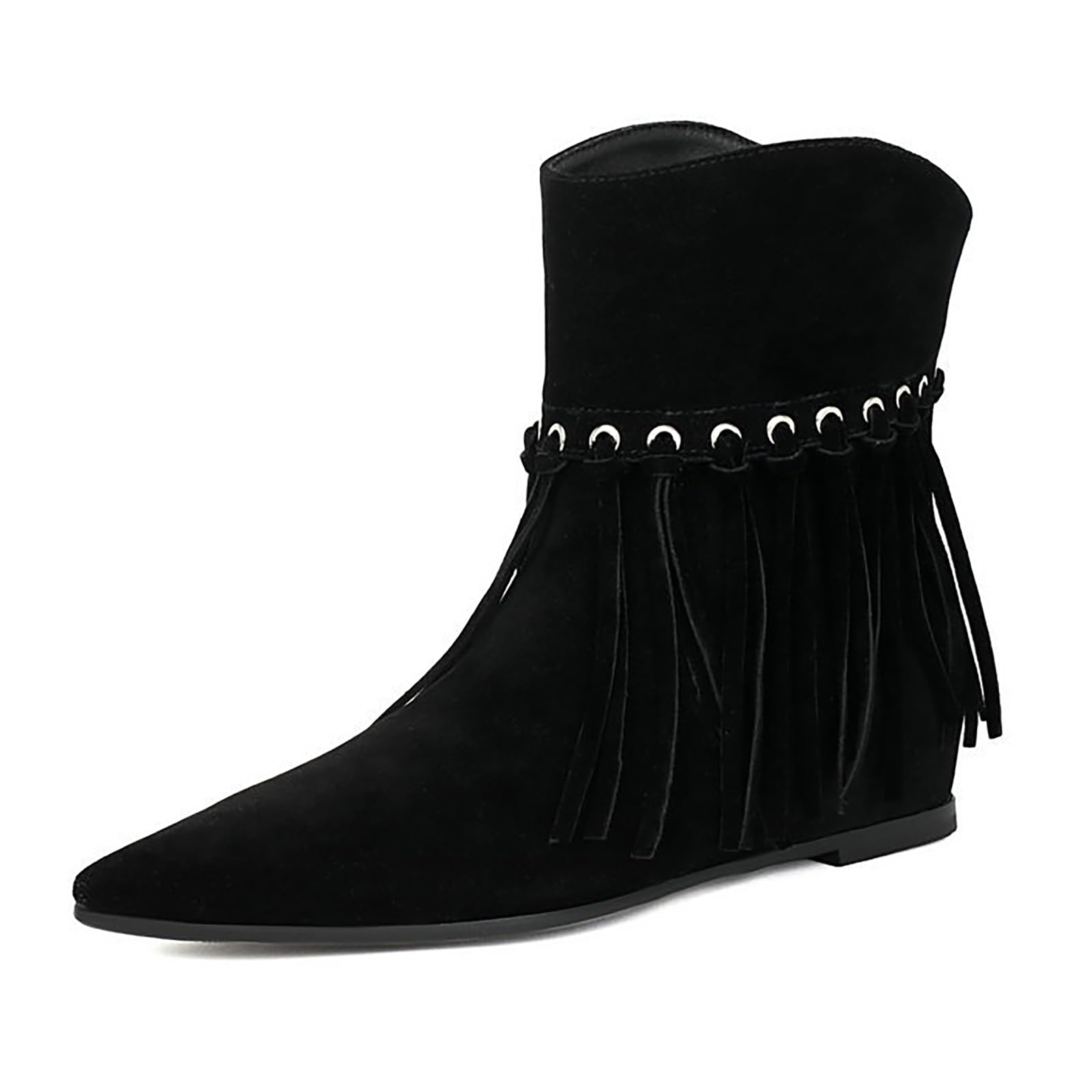 Womens Suede Flat Tassel Ankle Boots Western Pointed Toe Pull On Invisible wedge heel Vintage Cowboys Mid Calf