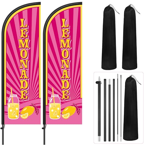 Image of Remagr 2 Pack Lemonade Feather Flag 7 ft Advertising Swooper Flag Sign Windless Lemonade Banner with Pole Kit and Ground Stake for Businesses Restaurants Outside Ground(Rose Pink)