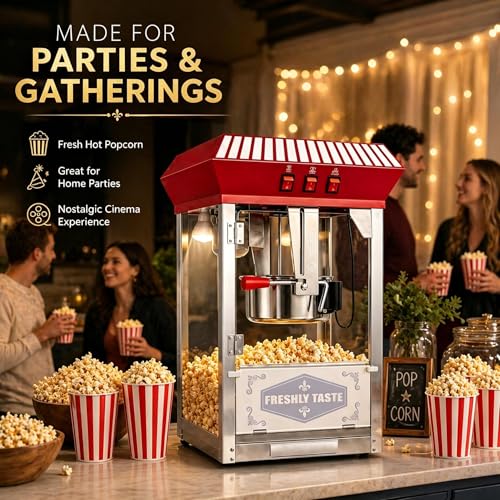 Image of Commercial Popcorn Machine, 12 Oz Kettle, Movie Theater Popcorn Machine,Vintage Red Tabletop Pop Corn Machine with Stainless-Steel Kettle & Steel Frame Tempered Glass Doors