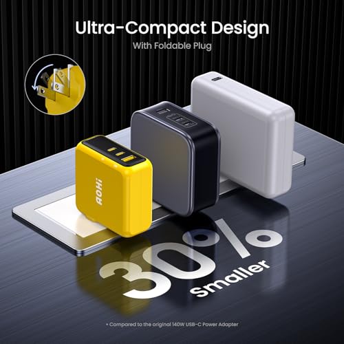 Image of AOHI Magcube 140W USB C Charger PD3.1 3-Port GaN+ Laptop Wall Charger 100W Fast Charging Power Adapter Foldable Plug for MacBook Pro 16'', Dell XPS, iPad Pro, Galaxy, iPhone 17 Pro, Chromebook, Yellow