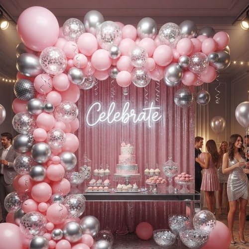 Image of 60Pcs Pink and Silver Balloons, 12inch Silver Confetti Party Latex Balloons | Pastel Pink Metallic Silver Party Confetti Balloons Set for Girl Party Birthday Bride Wedding Baby Shower Graduation