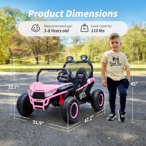 Hikiddo 24V Kids UTV, 4WD 2 Seater Ride-on Toy Electric Car for Big Kids with Remote Control, 2WD/4WD Switchable, 4x200W Motor - Pink