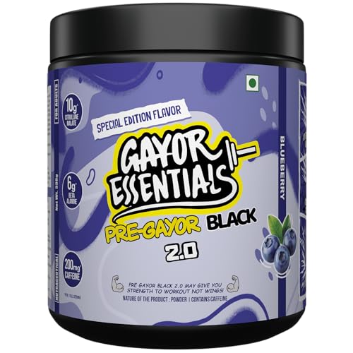 Image of Gayor Essentials Pre gayor black 2.0 Pre Workout High Stim Energy, Focus & Muscle Pump, 200mg Caffeine, 10g Citrulline Malate, 6g Beta Alanine, L-Theanine Performance Formula(Blueberry, 338g)