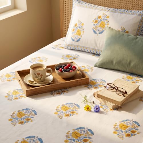 Image of Naksh Bedsheet Queen Size Bed Cotton | Royal Sajawat Vintage Mughal Floral Bedsheet with 2 Pillow Covers | Pure Cotton Bedsheets for Queen Size Bed | Royal Blue Cotton Bedding Set