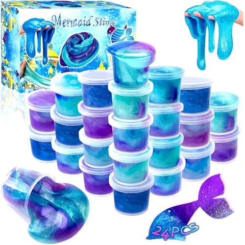 HFCHUPIN 24 Pack Galaxy Mermaid Slime Kit,Party Favors for Kids,Non Sticky, Stress & Anxiety Relief, Super Soft Sludge Toy,Easter Basket Stuffers,Birthday Gifts for Girl and Boys
