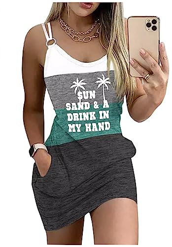 Image of Live Simple Coconut Tree Color Block Pocket Mini Dress Women Summer Beach Sleeveless Strap Tshirt