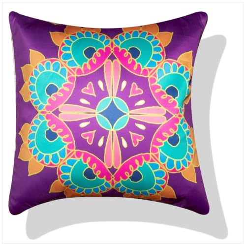 Image of Decorative Satin Sofa Cushion Covers Set of 5, 16 x 16 Inches, Multicolor Floral Printed Pillow Covers for Living Room, Bedroom, Couch & Sofa, Soft Glossy Fabric, Zipper Closure