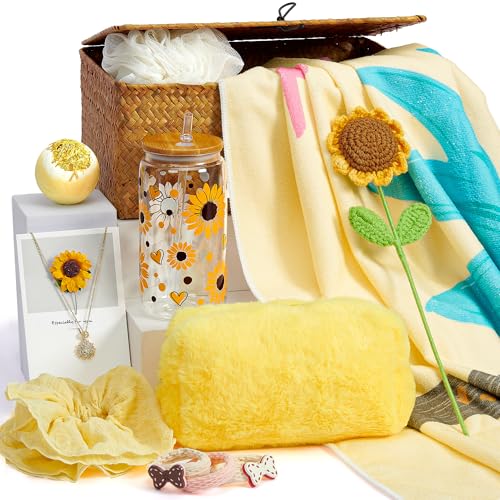 vamei Girassol presente mulher, conjunto de 13 peças presentes originais para mulher com caixa de armazenamento e toalha de praia e caneca e colar, ideias presente de aniversário de Natal para mãe