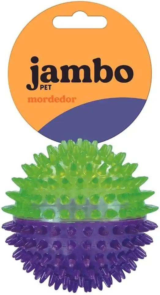 JAMBO PET Bola TPR Espinhos Com Apito Interno Flexível E Macio Reduz Estresse Tam Medio Duas Cores Roxo c/Verde Para Cães