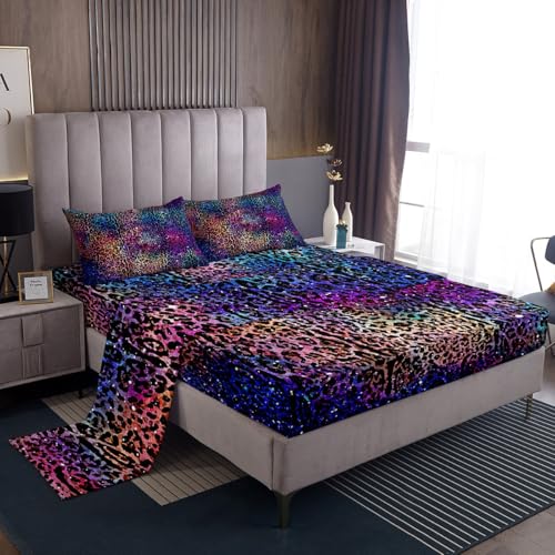 jejeloiu Kids Leopard Print Fitted Sheet Queen Size Cheetah Bed Sheets Set for Boys Girls Teens Bedroom Decor Safari Bedding Set Soft Wild Animals with 2 Pillow Case Blue Pink