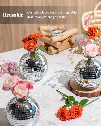 Image of Disco Ball Vase for Centerpieces Disco Ball Planter for Flowers Silver Mirror Glass Disco Ball Decor for Table, Party, Wedding, Birthday, Home, or Bedroom(3.5 inch X 4 inch)