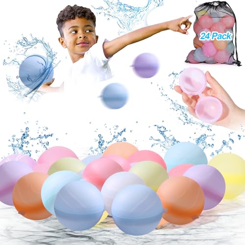 Globos de Agua Reutilizables, MOOKLIN ROAM 24 Piezas Globos de Agua Coloridos Llenado Rapido, Bolas de Agua para Niños y Adultos, Juguetes de Verano Juegos Exteriores Piscina Playa y Fiestas Acuáticas