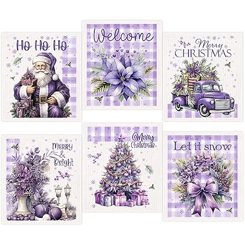 Morigins Purple Merry Christmas Swedish Kitchen Dish Cloths Winter Truck Santa Absorbent Hand Towels for Kitchen Quick Drying Cleaning Cloths Cellulose Sponge Cloth Cover