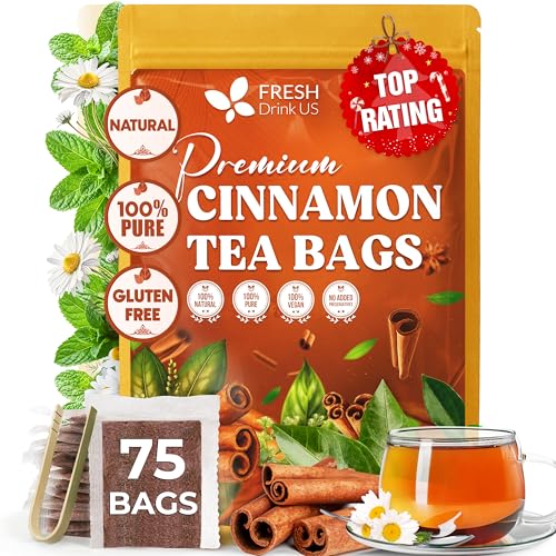 Image of FreshDrinkUS, Premium 75 Cinnamon Tea Bags, 100% Natural & Pure, Herbal Tea, Made with Natural Materials-Corn Fiber Tea Bags, Sugar /Caffeine /Gluten Free. Warmly Taste and Balance.