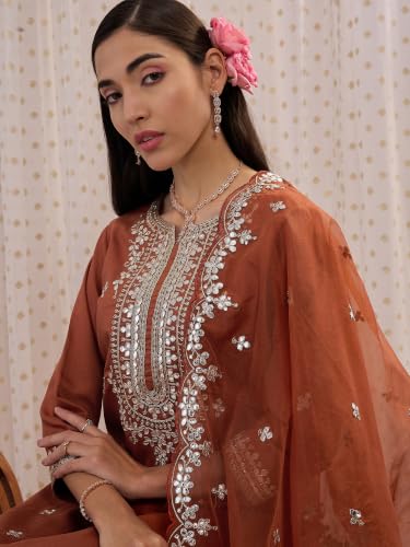 Image of INDO ERA Women's Silk Blend Embroidered Zari Work Straight Kurta & Pant Set | Cord Set For Women