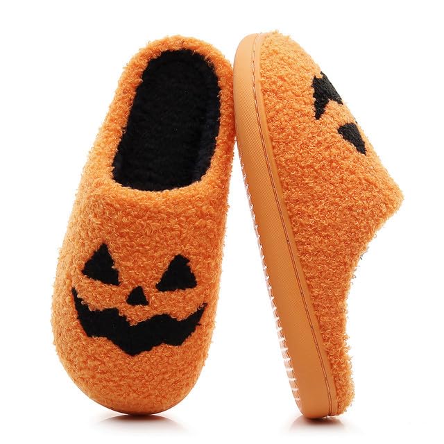 Menore Women's & Men's Halloween Pumpkin Slippers - Plush, Warm, Fuzzy House Slippers - Size 6.5-7.5 Women/5-6 Men - Orange
